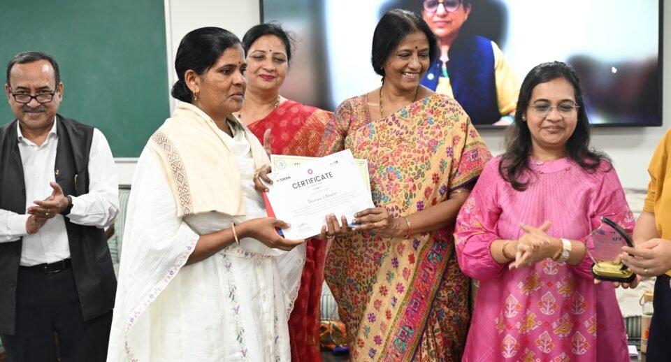 Women trainees receive certificates at the FlySakhi Drone Queens of Bharat agricultural drone pilot training programme at IIT Hyderabad.