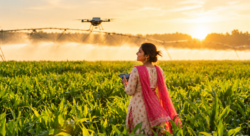"Women farmers training as certified drone pilots under the FlySakhi programme"