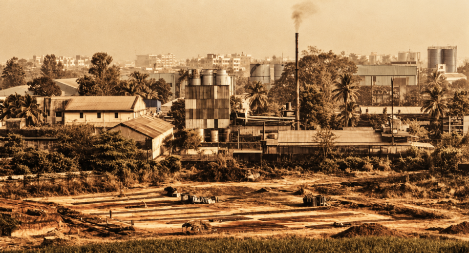 Sepia-toned panoramic view of an industrial factory complex featuring manufacturing sheds, storage tanks, smokestacks, and surrounding land